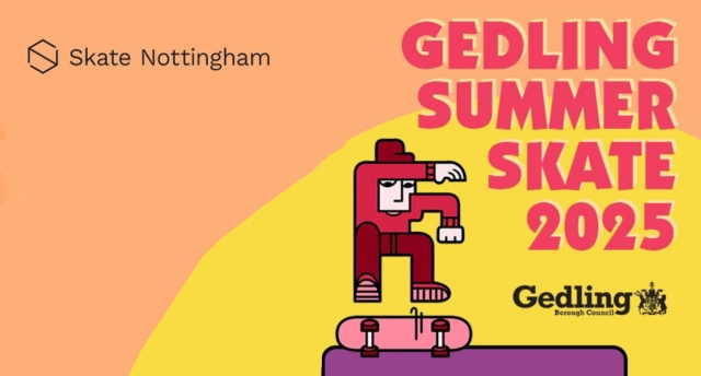 design with graphic of a skateboarder, text reads Gedling Summer Skate 2025